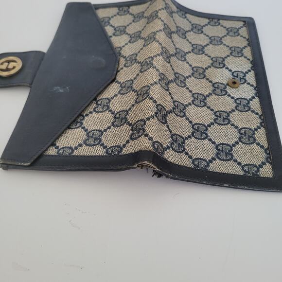 GUCCI Logo Envelope Leather Wallet Long Bifold Navy Blue Large Vintage - Picture 8 of 13